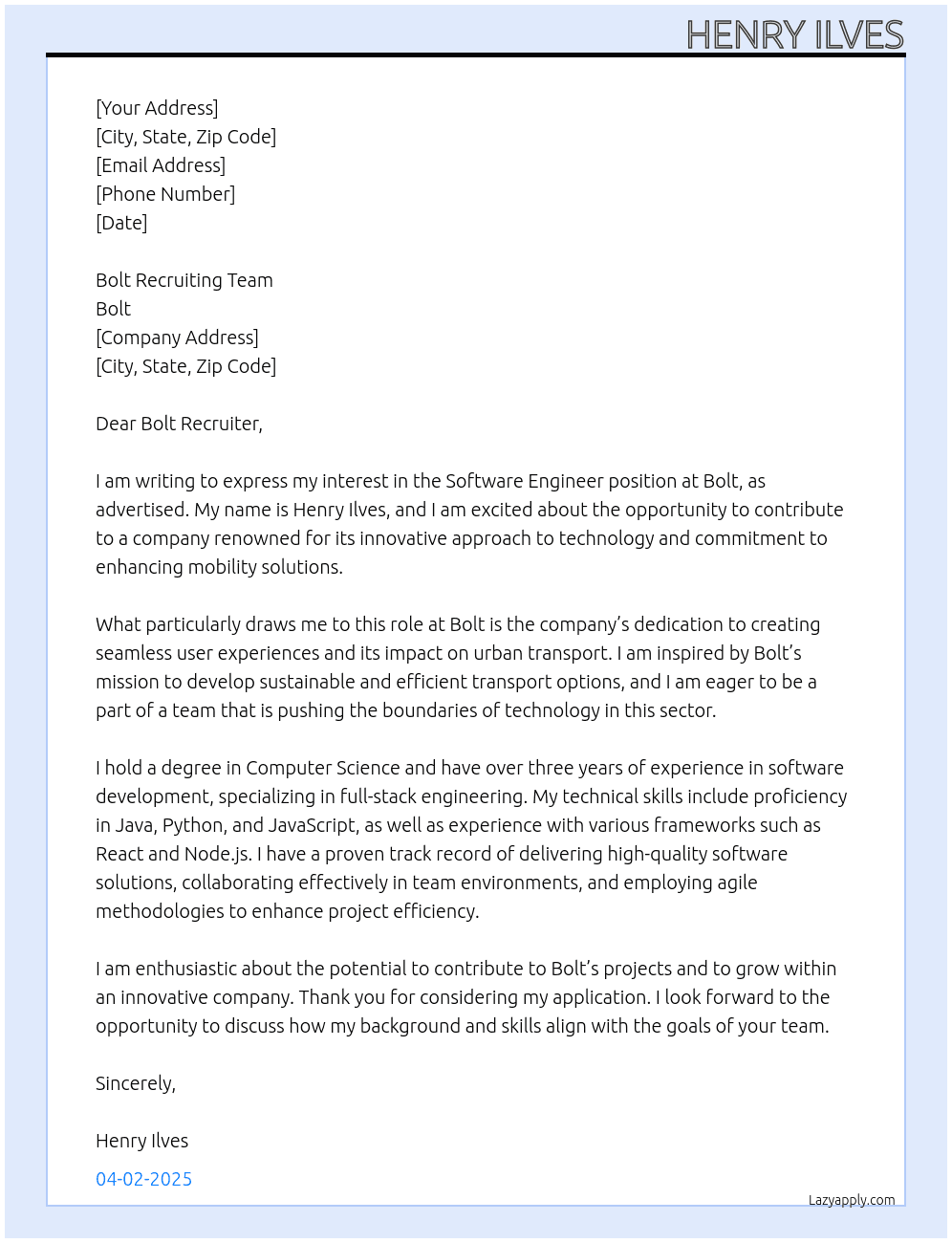 Software engineer At Bolt Cover Letter