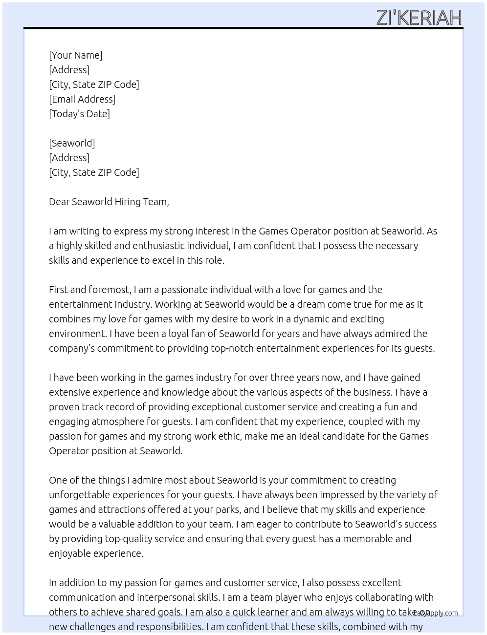 Games Operator At Sea World Cover Letter