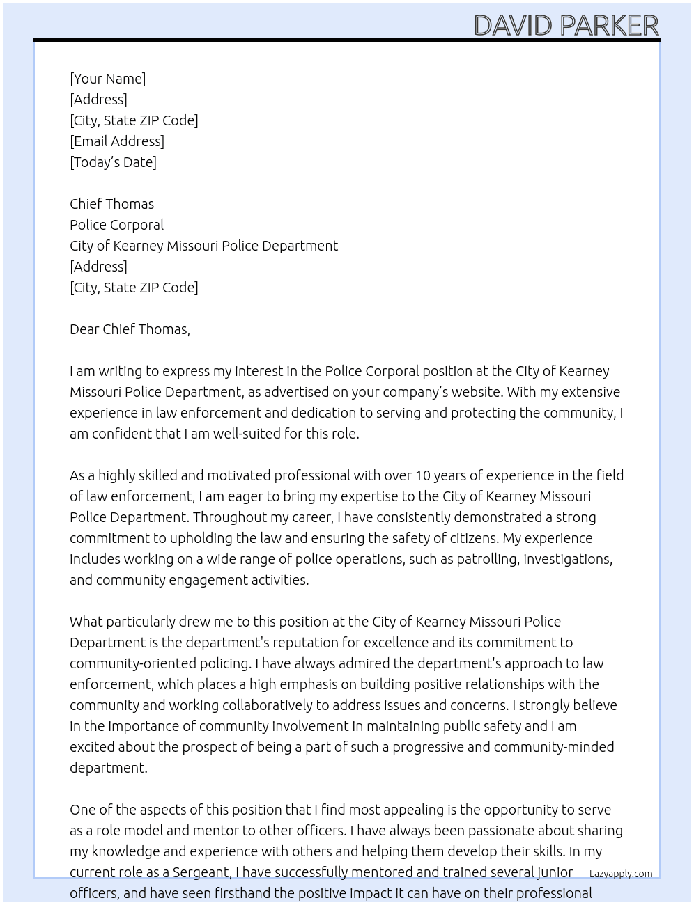 Police Corporal At City of Kearney Missouri Police Department Cover Letter