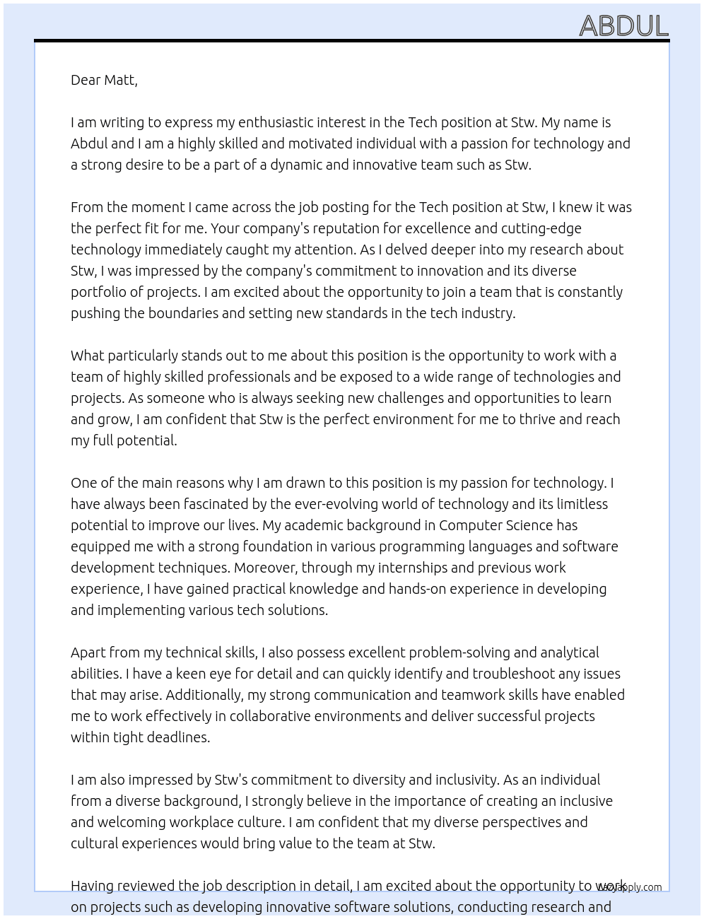 Tech  At Stw Cover Letter