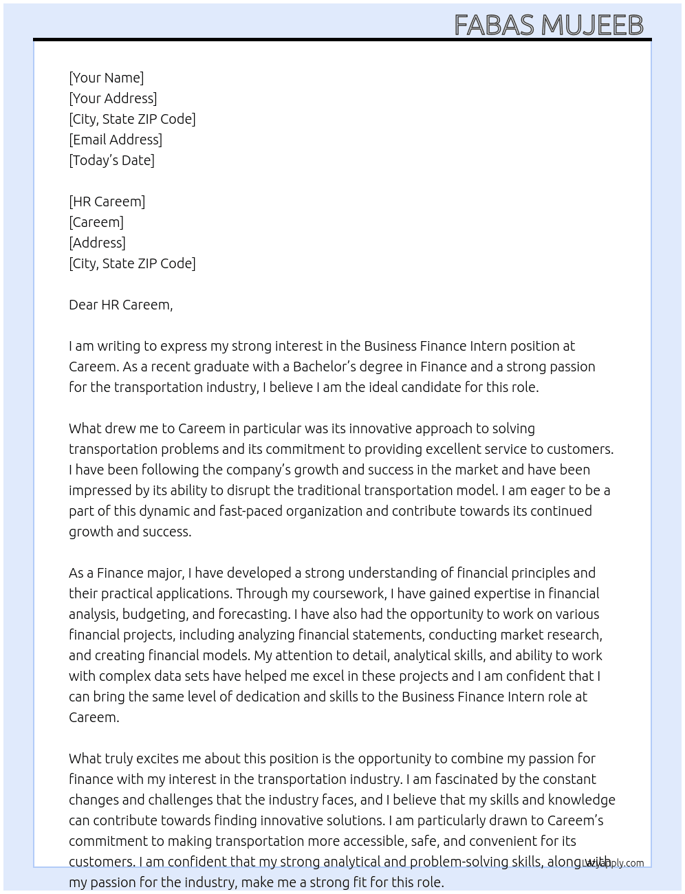 Business finance intern  At Careem Cover Letter
