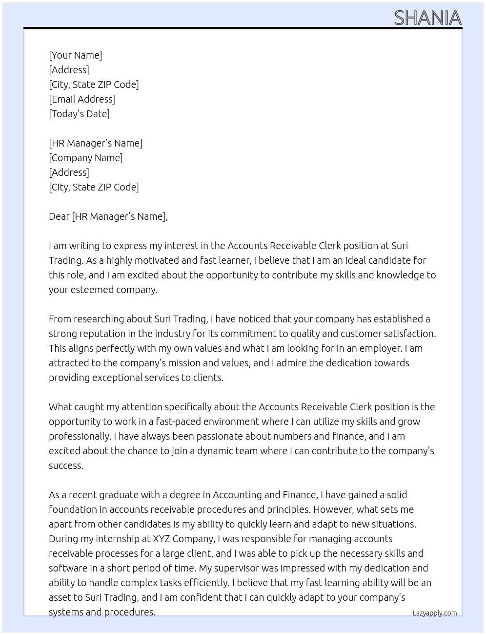 accounts receivable clerk At suri trading Cover Letter