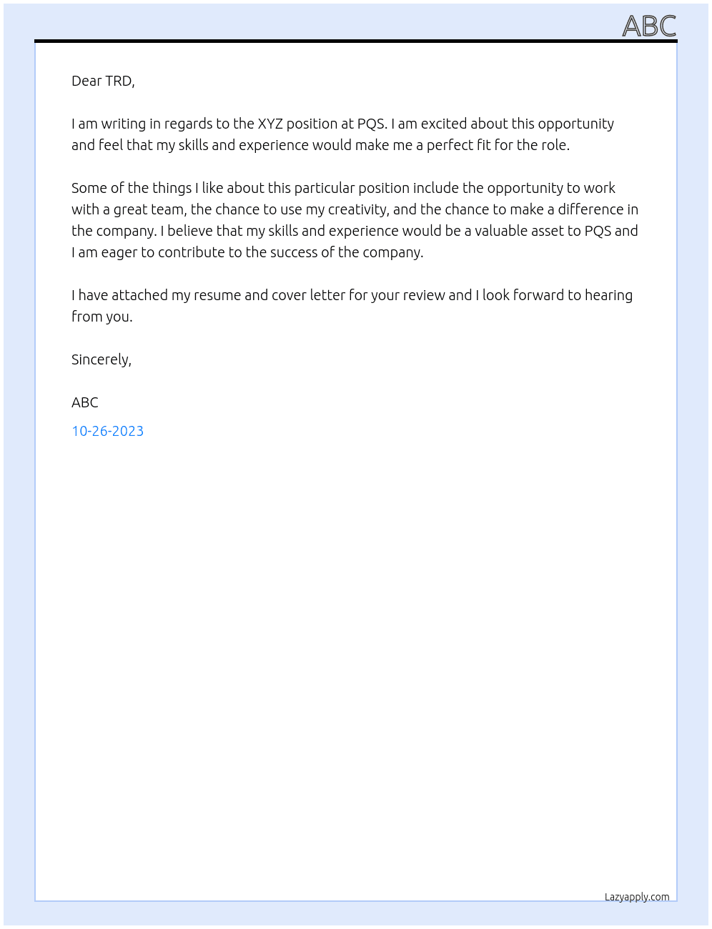 XYZ At PQS Cover Letter