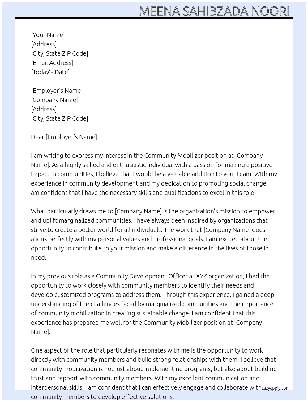community Mobilizer At sanayee.org Cover Letter