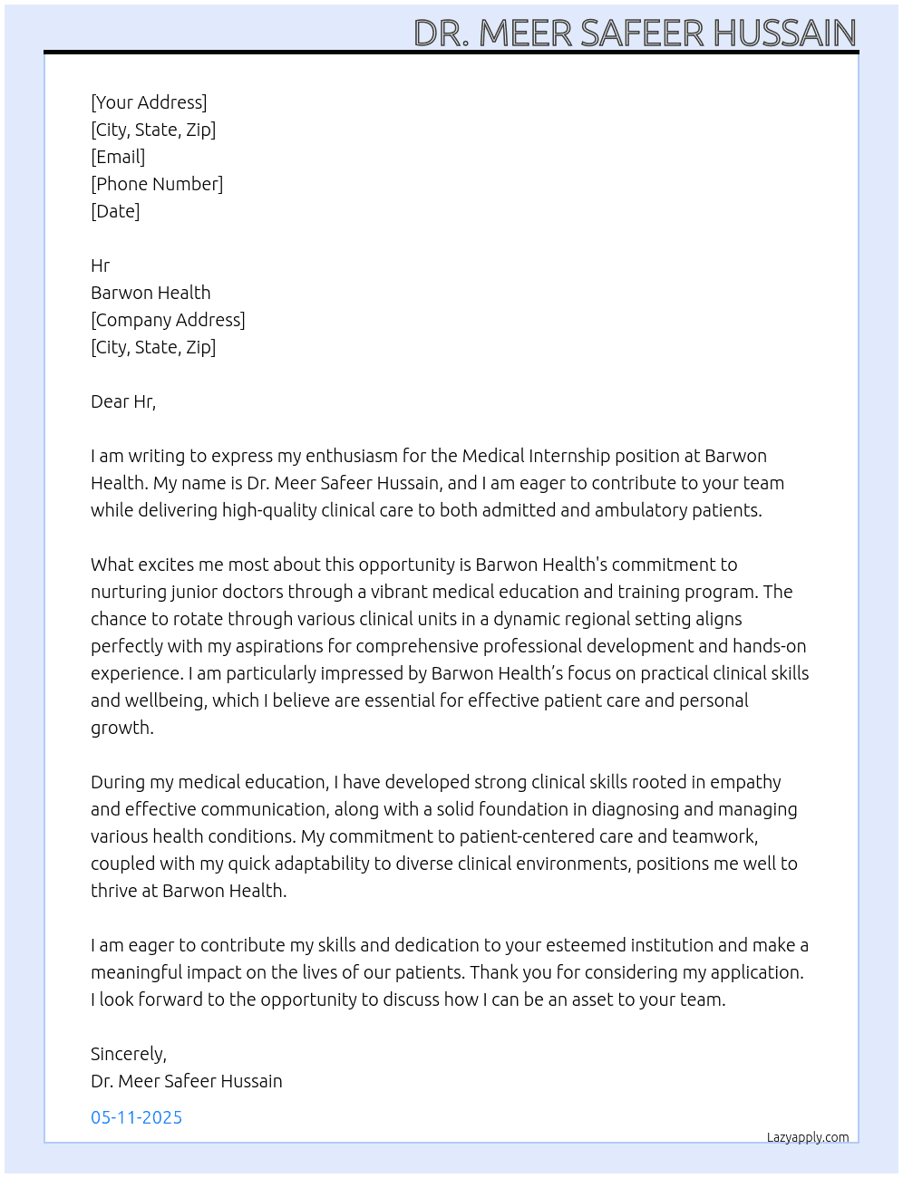 Cover letter for medical internship - LazyApply