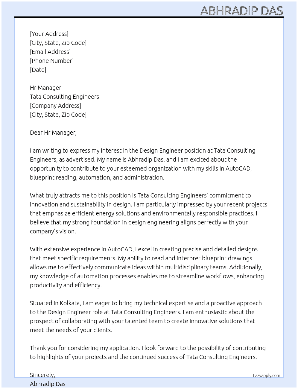 Design Engineer At Tata Consulting Engineers  Cover Letter