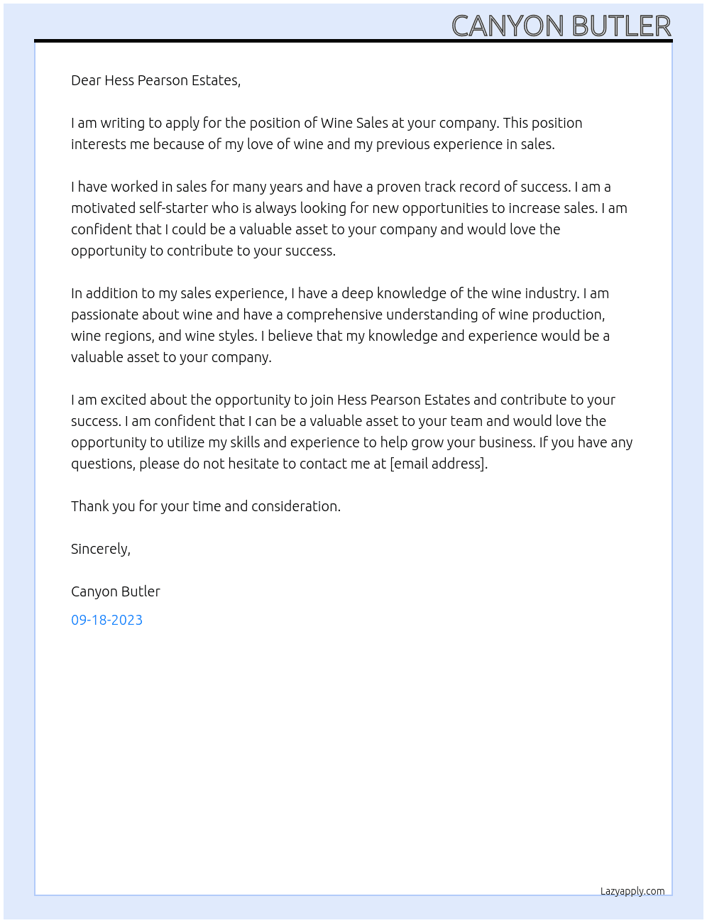 Wine sales  At Hess Pearson Estates Cover Letter