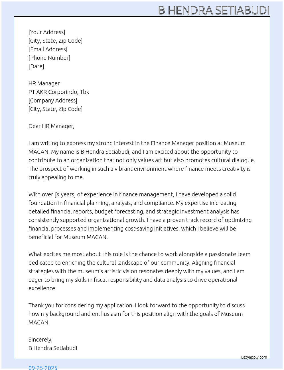 FINANCE MANAGER (MUSEUM MACAN) At PT AKR Corporindo, Tbk Cover Letter