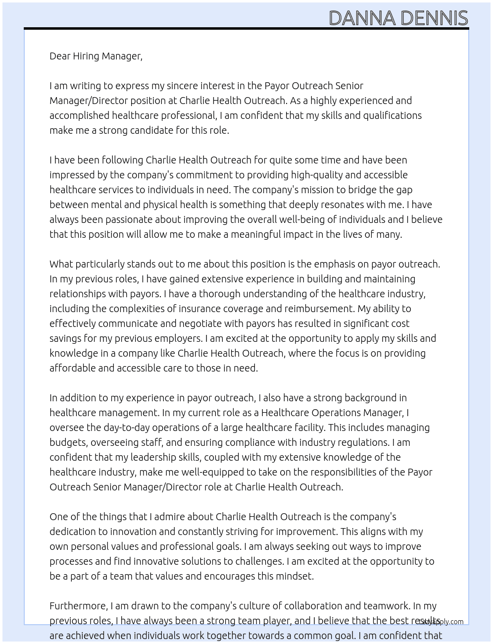 Payor Outreach Senior Manager / Director At Charlie Health Outreach Cover Letter