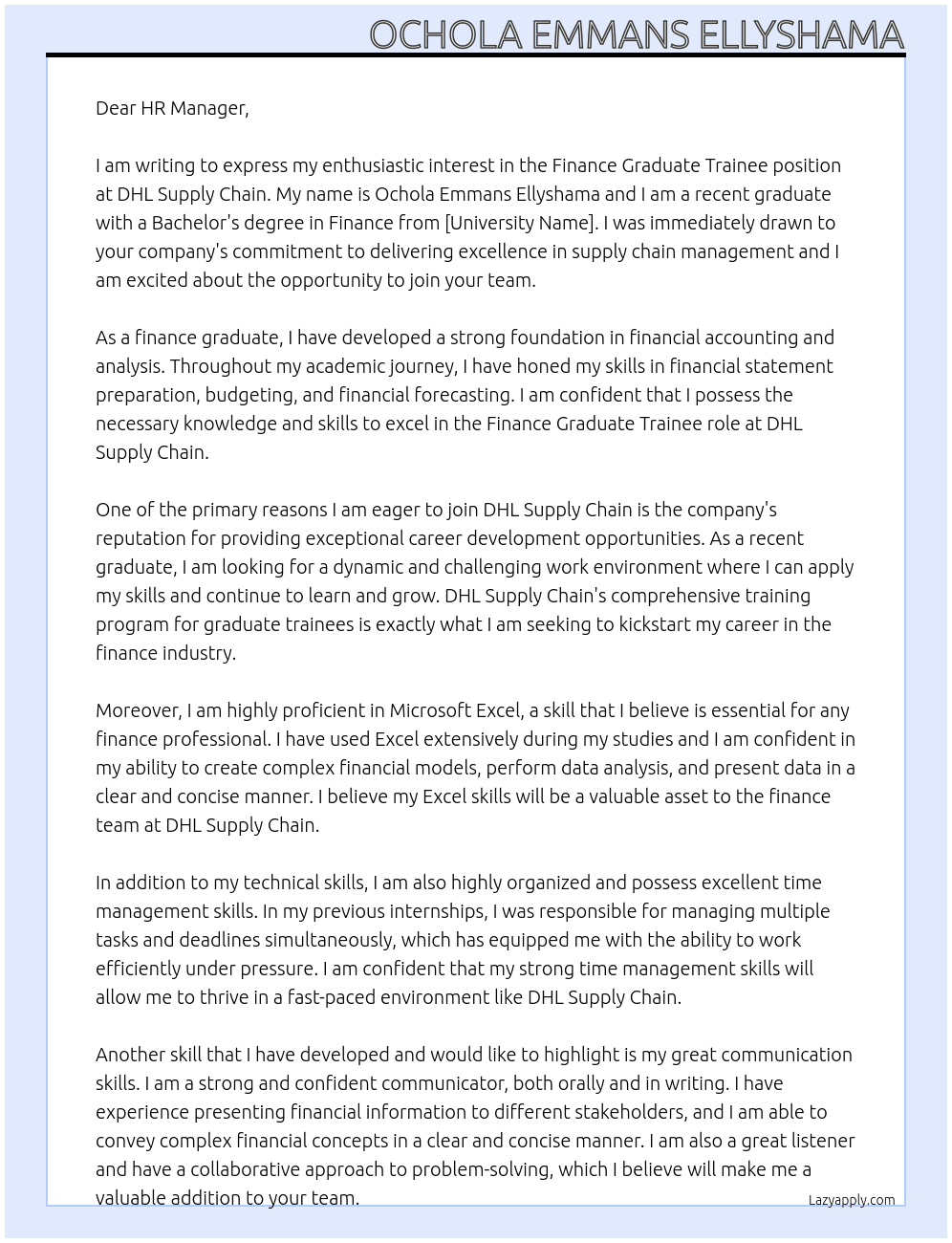 Finance Graduate trainee  At DHL Supply Chain  Cover Letter