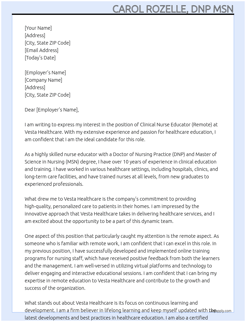 Clinical Nurse Educator (Remote) At Vesta Healthcare Cover Letter