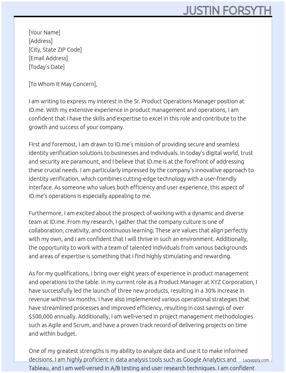 Sr. Product Operations Manager At ID.me Cover Letter