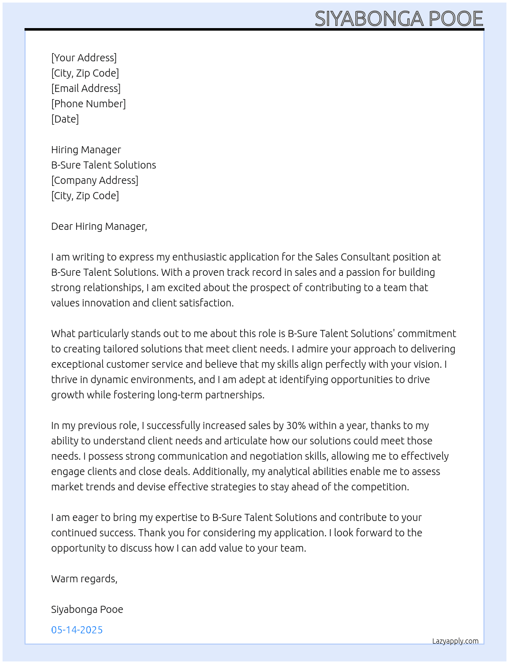 Sales Consultant At B-Sure Talent Solutions Cover Letter
