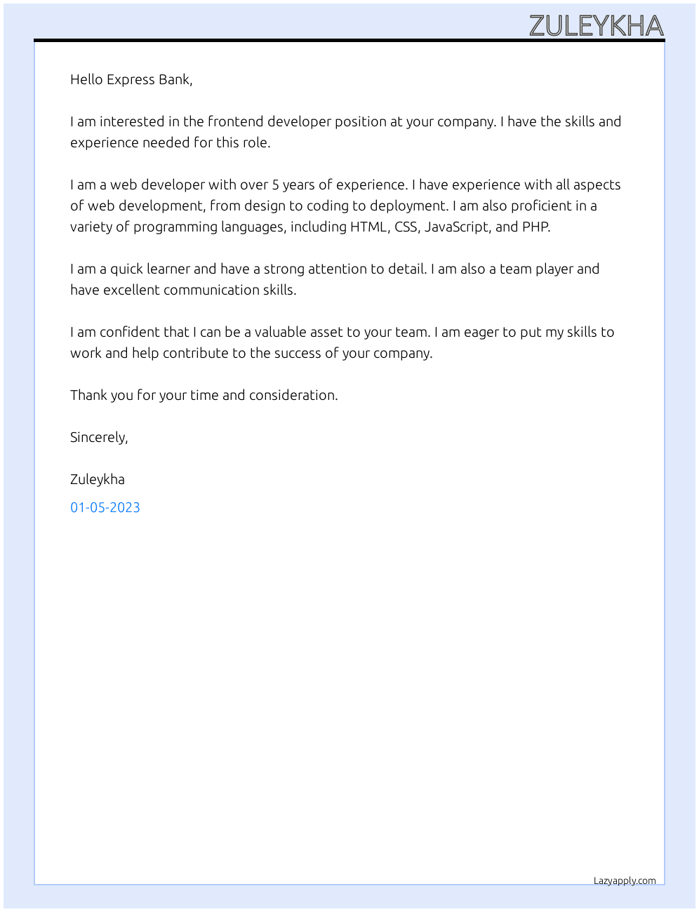 Frontend developer  At Express Bank Cover Letter