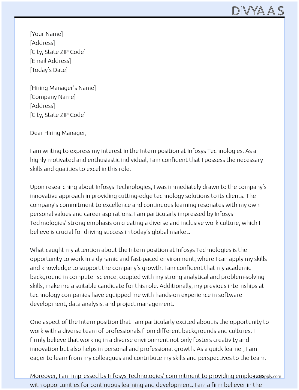 Intern At Infosys Technologies Cover Letter