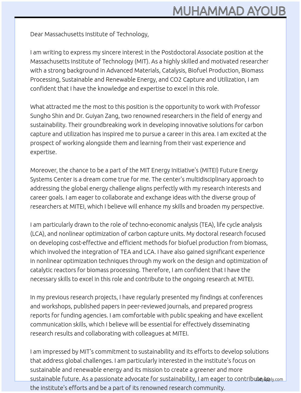 Postdoctoral Associate At Massachusetts Institute of Technology Cambridge, MA Cover Letter