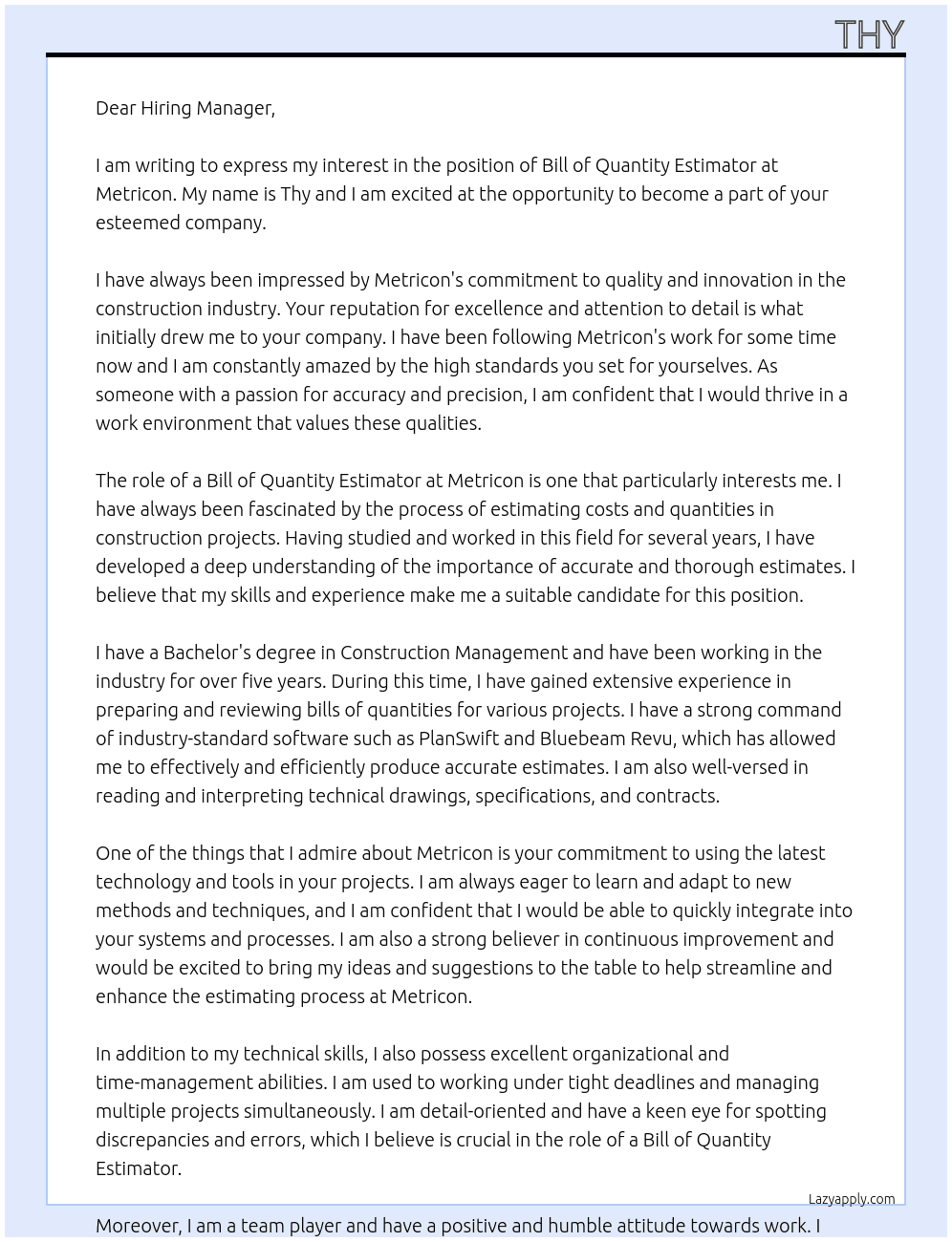 Bill of Quantity Estimator At Metricon Cover Letter