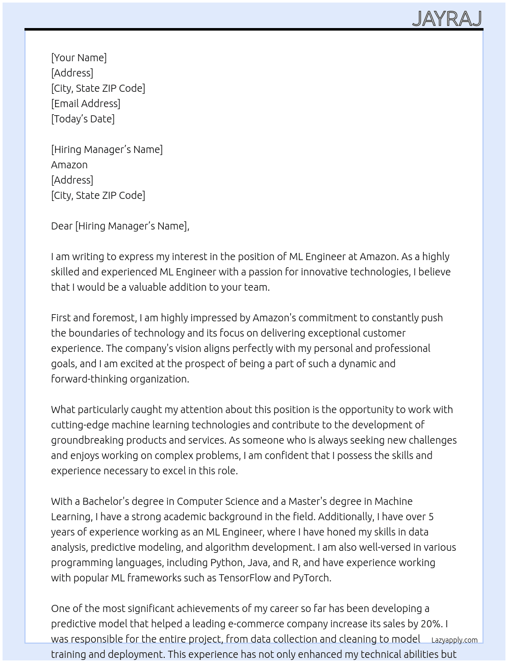 ML engineer  At Amazon  Cover Letter