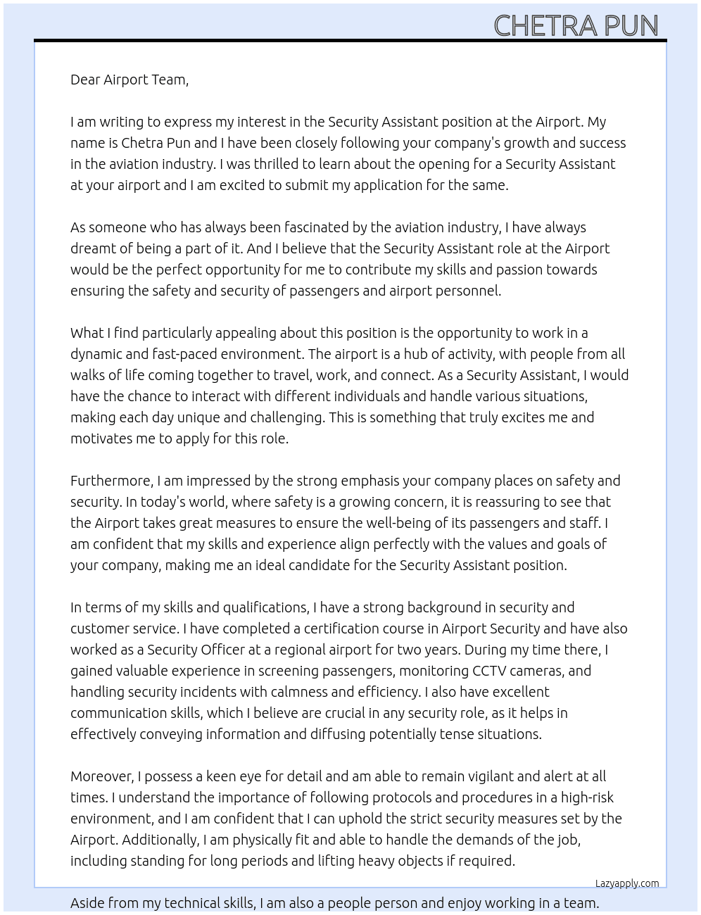 Security assistant  At Airport  Cover Letter