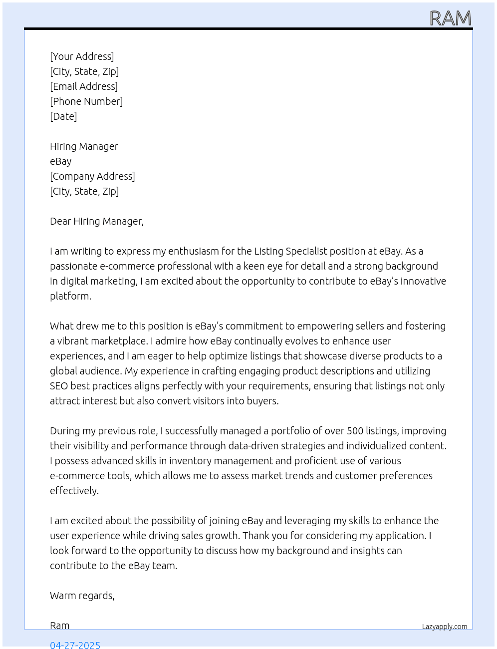 Cover letter for listing specialist - LazyApply
