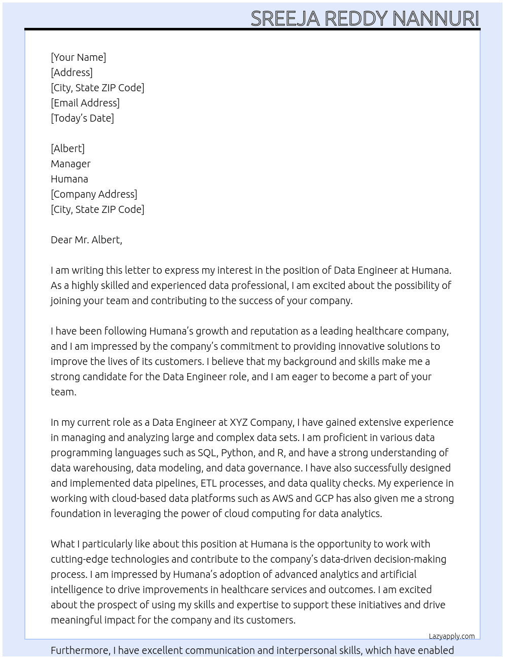 Data Engineer At Humana Cover Letter