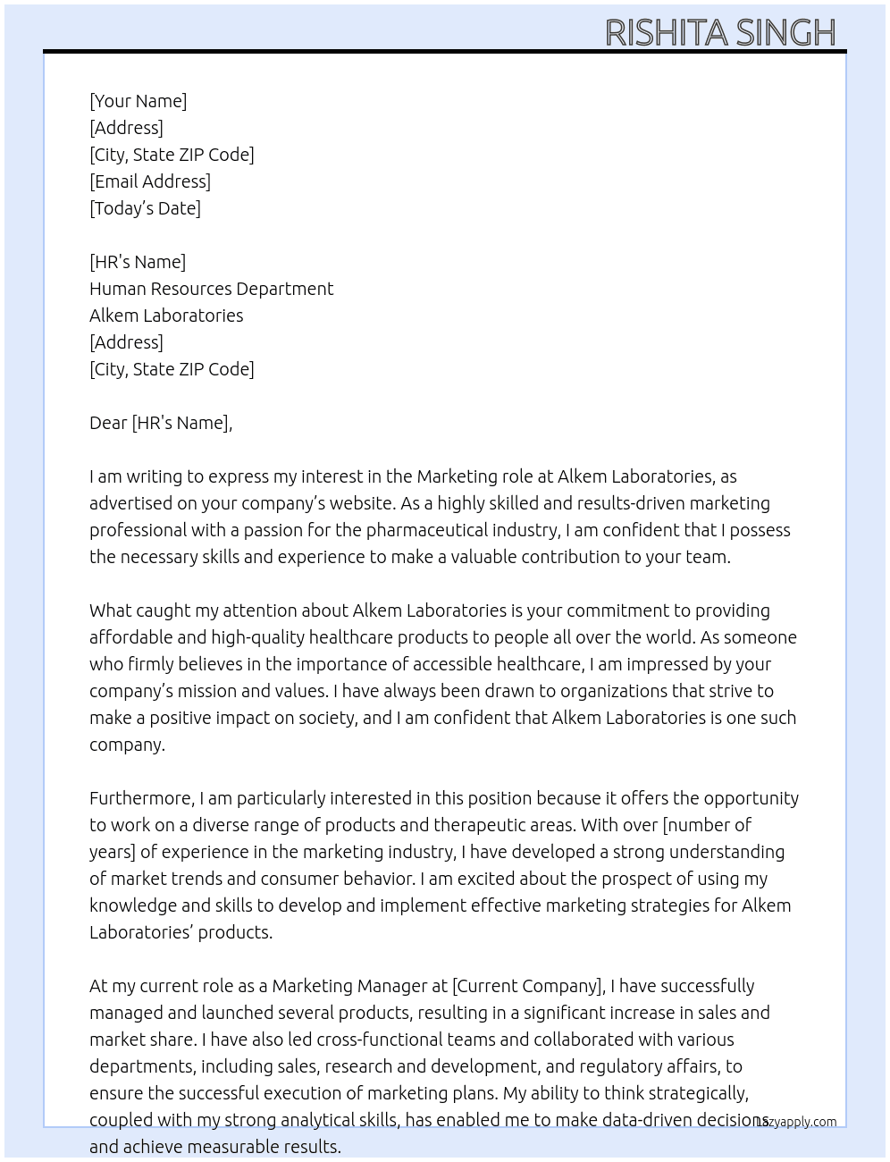 Marketing role At Alkem laboratories  Cover Letter