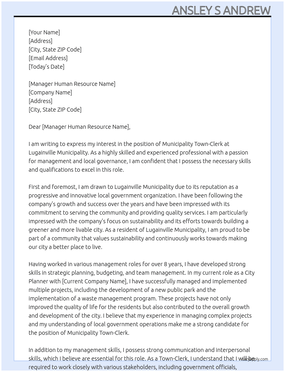 Municipality Town-Clerk At Lugainville Municipality Cover Letter