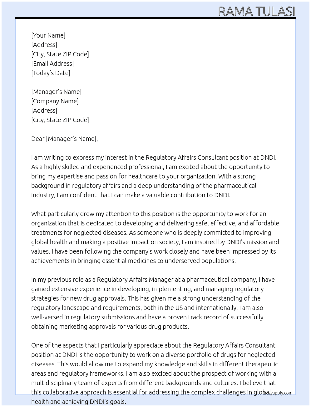 Regulatory affairs consultant At DNDI Cover Letter