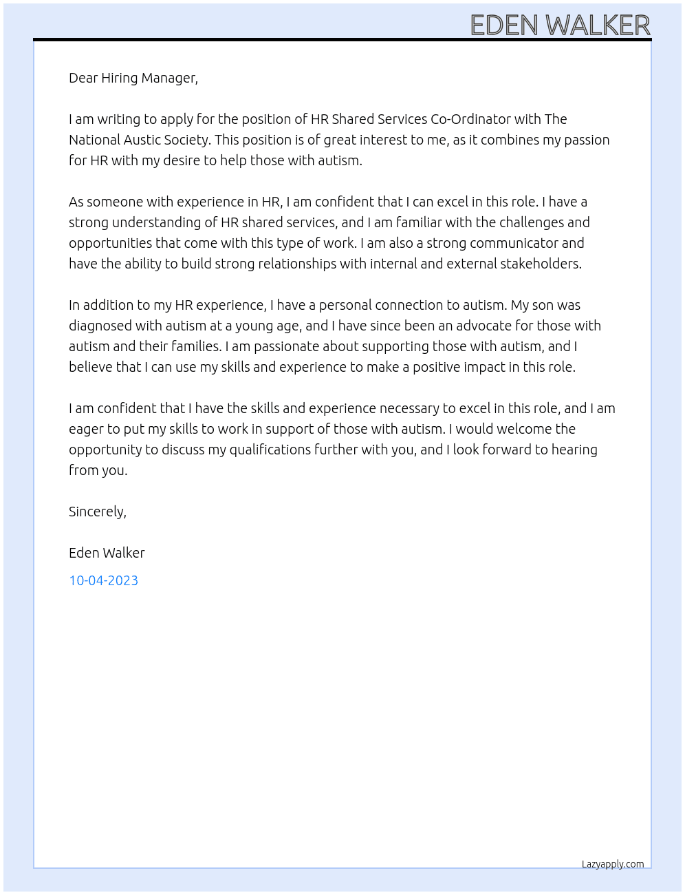HR Shared Services Co-Ordinator At The National Austic Society Cover Letter