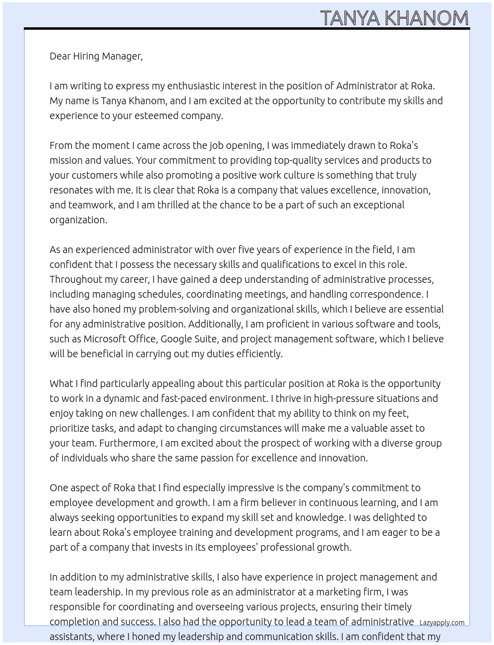 Administrator  At Roka Cover Letter