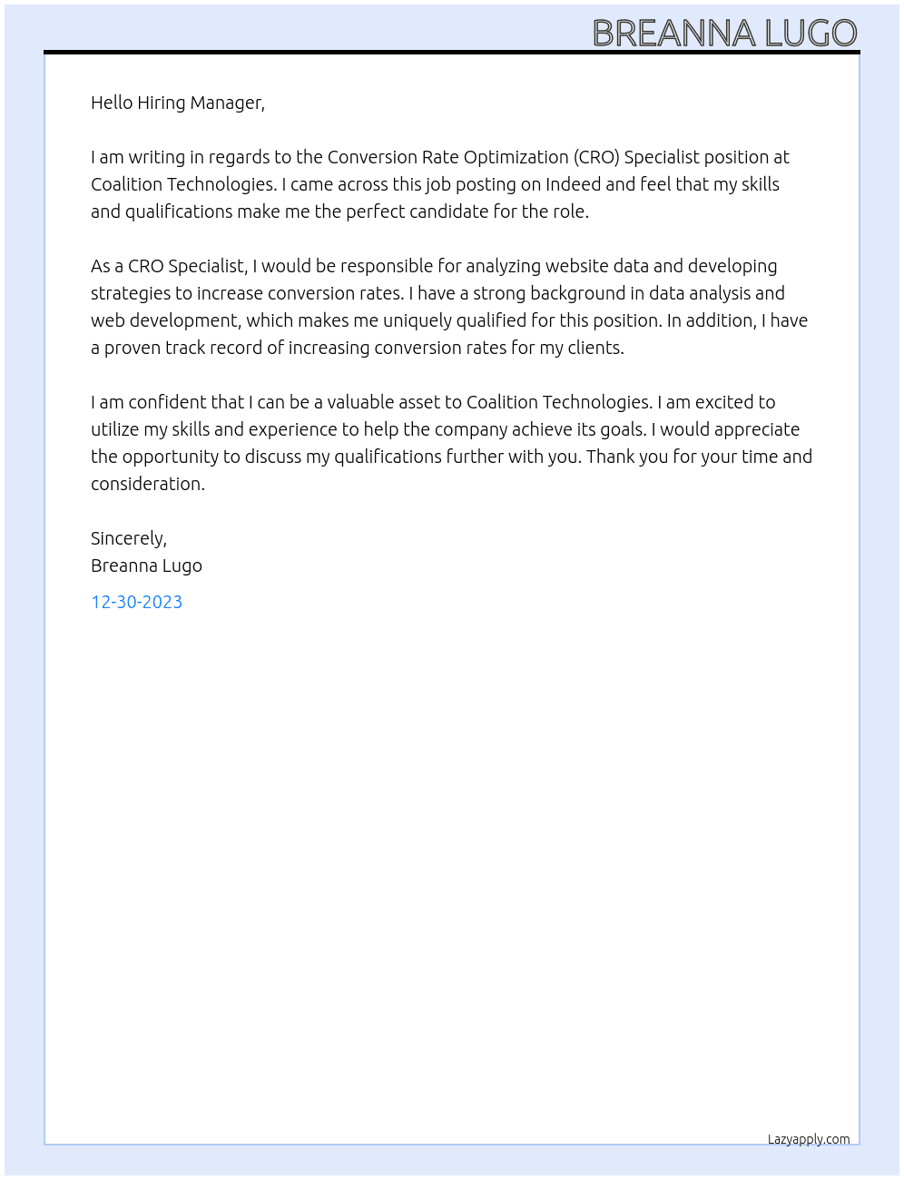 Conversion Rate Optimization (CRO) Specialist At Coalition Technologies Cover Letter