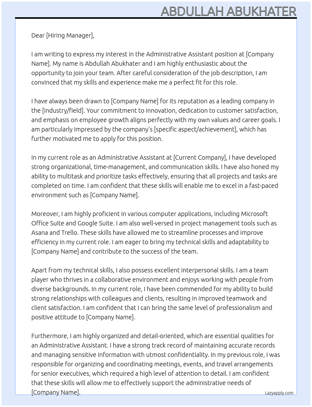 Administrative assistant At Abdullah Abukhater Cover Letter