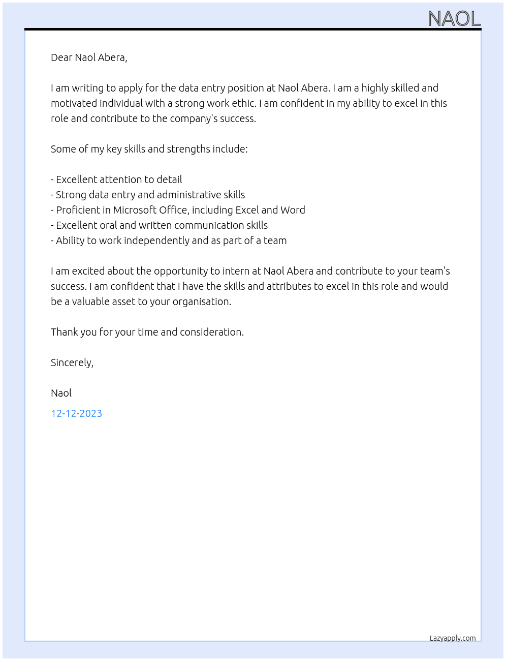 data entry At Naol Abera Cover Letter