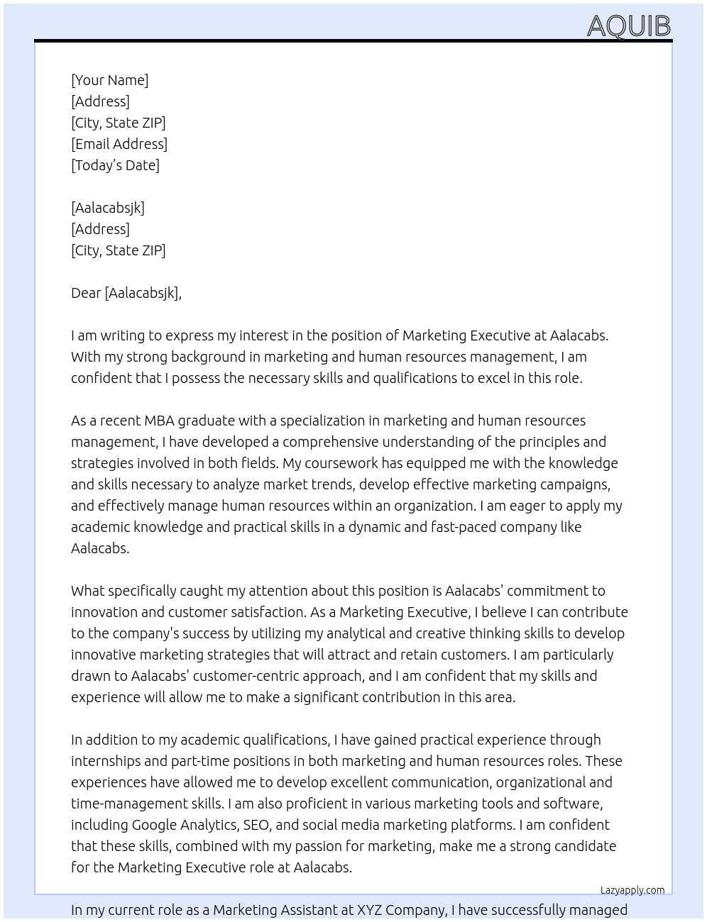 Marketing executive  At Aalacabs Cover Letter