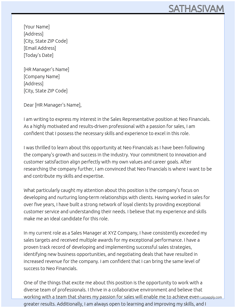 Sales Representative At Neo Financials Cover Letter