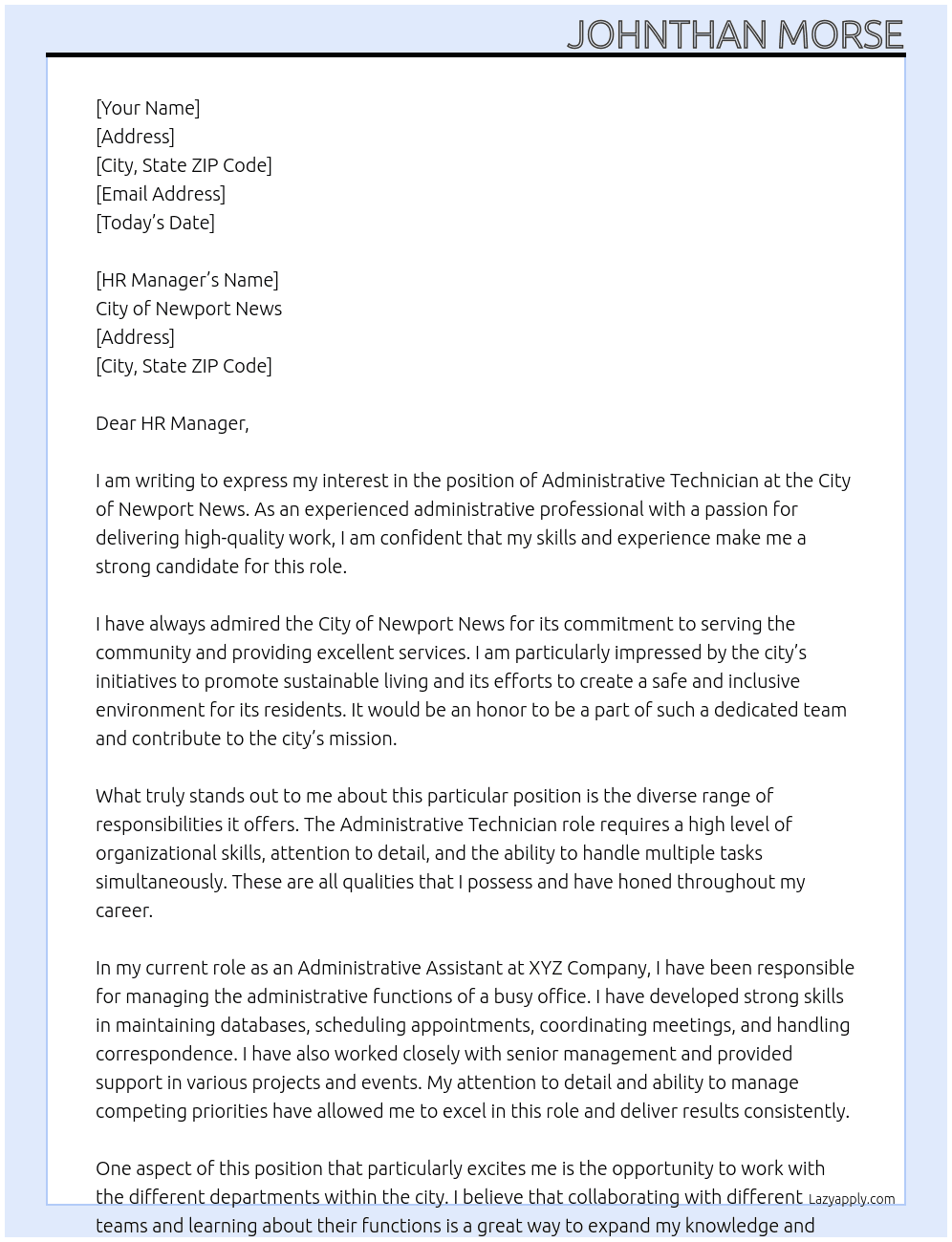 Administrative Technician At City of Newport News Cover Letter