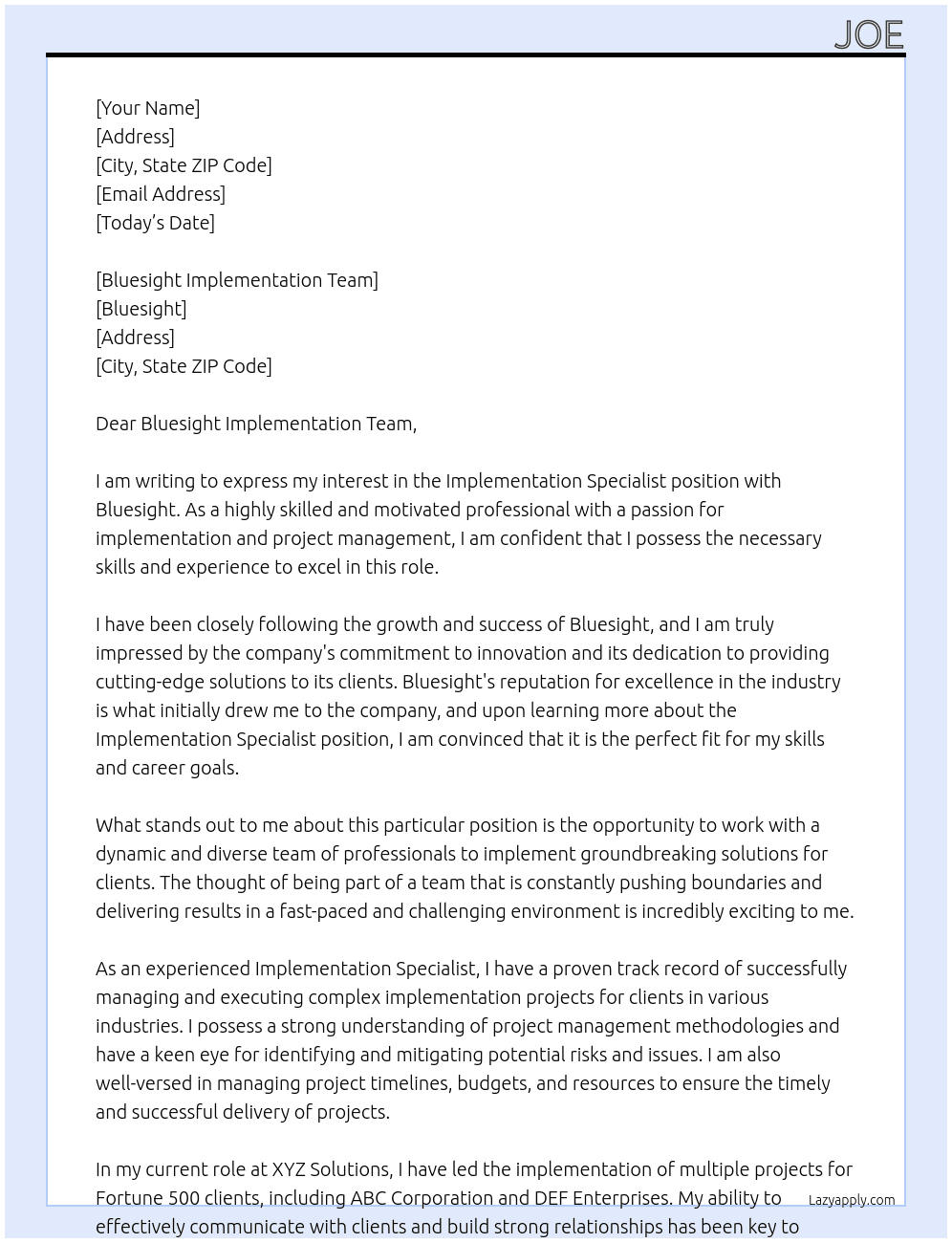 Implementation Specialist At Bluesight Cover Letter