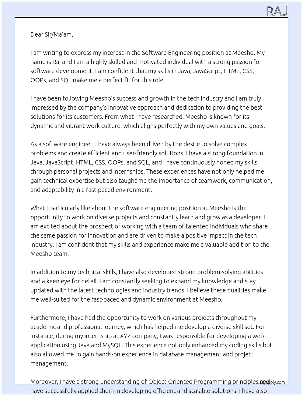 software engineering At meesho Cover Letter