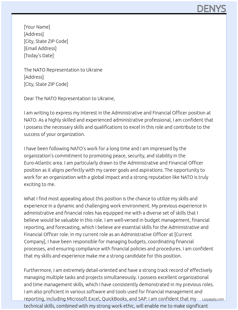 The Administrative and Financial Officer At NATO Cover Letter