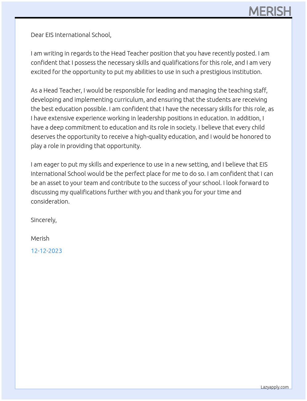 Head Teacher At EIS International School Cover Letter