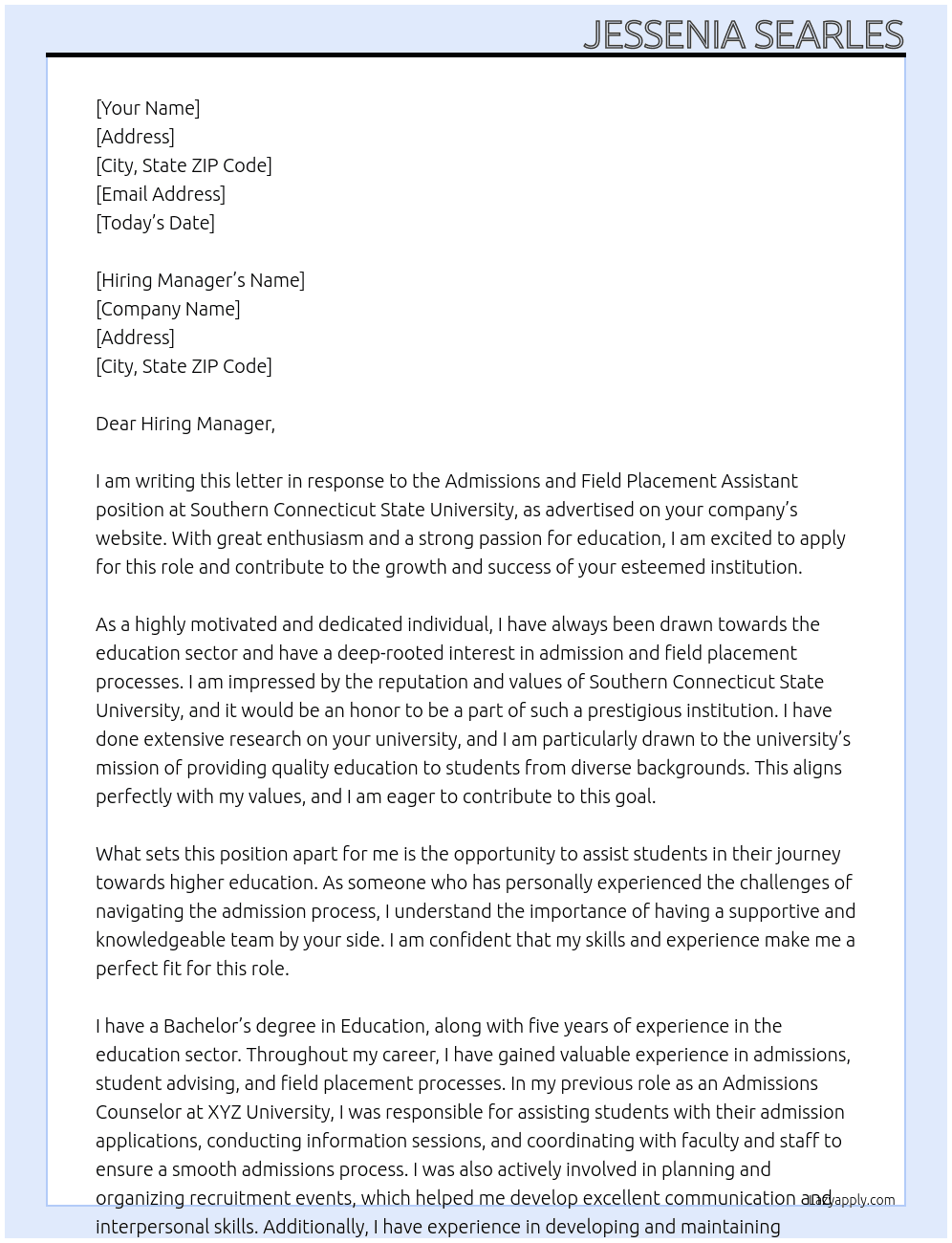 Admissions and Field Placement Assistant At Southern Connecticut State University  Cover Letter