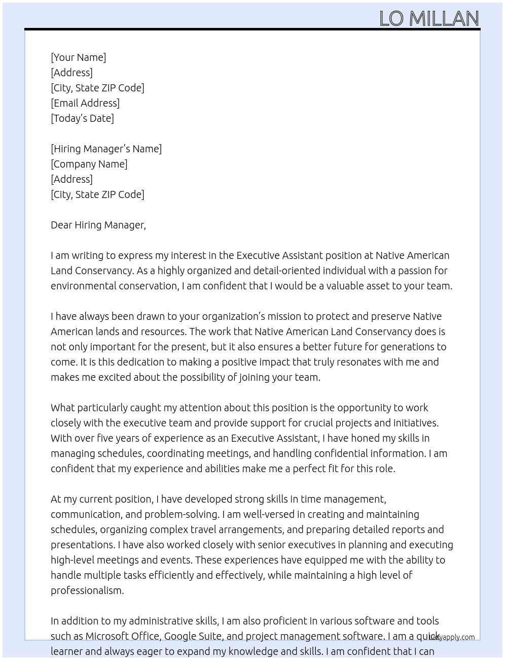 Executive Assistant  At Native American Land Conservancy Cover Letter