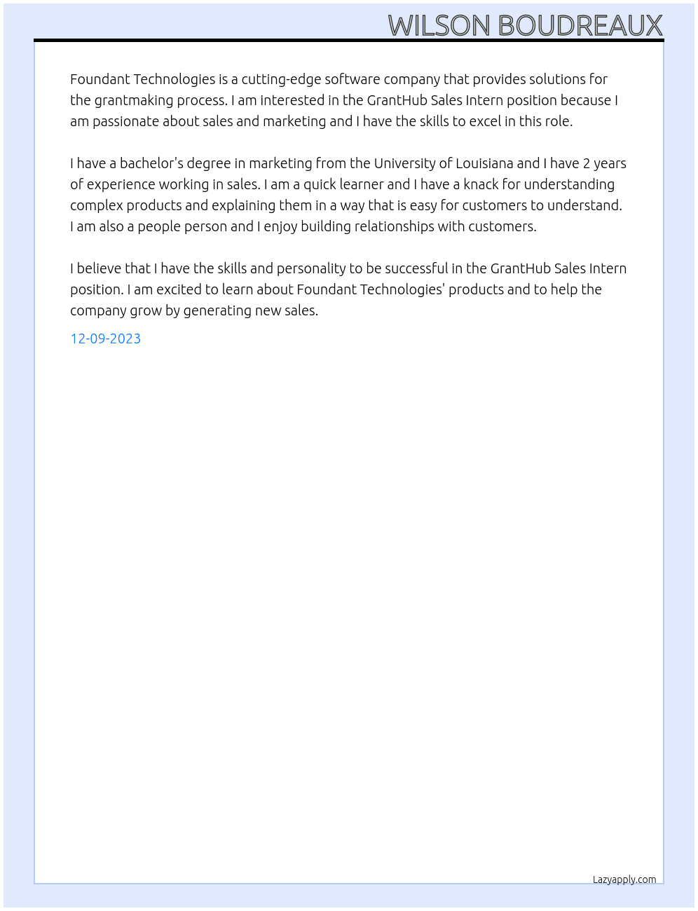 GrantHub Sales Intern At Foundant Technologies Cover Letter