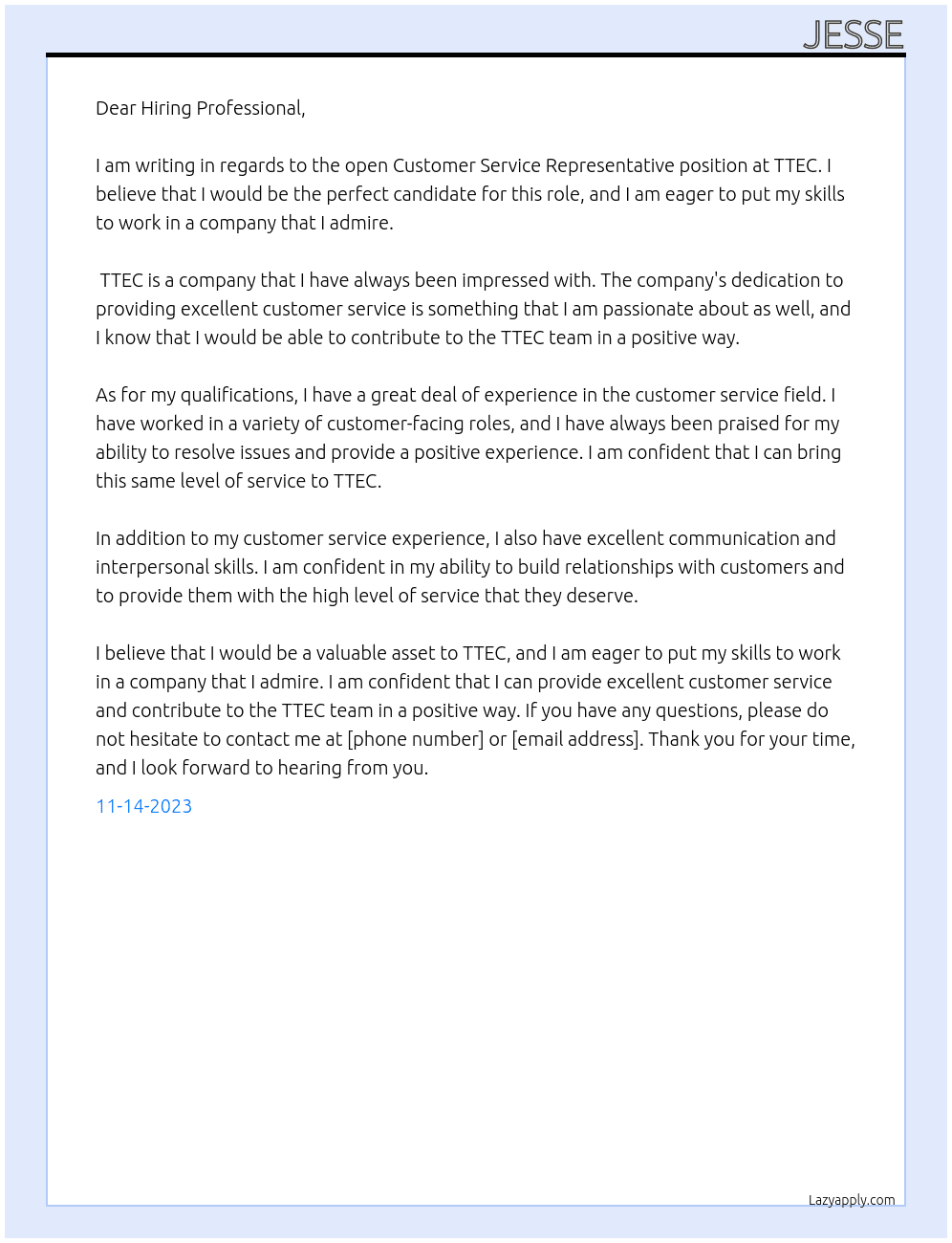 Coustmer Service Representative  At TTEC Cover Letter