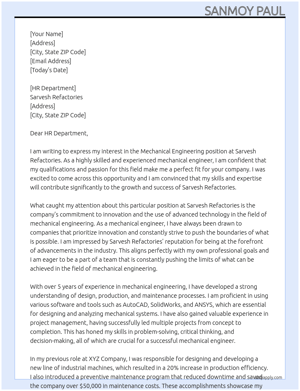 Mechanical engineering  At Sarvesh refactories Cover Letter