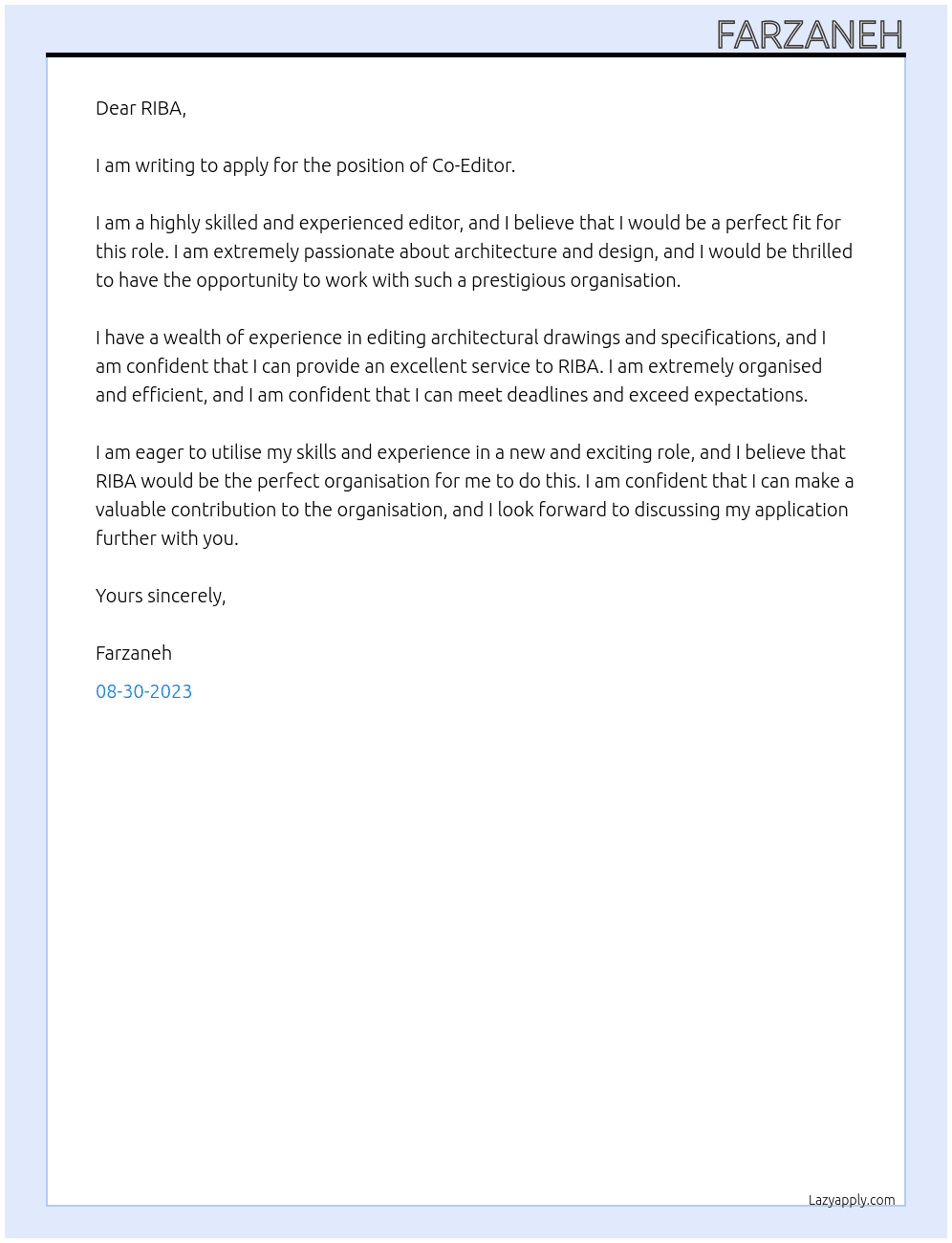 Co-Editor At RIBA Cover Letter