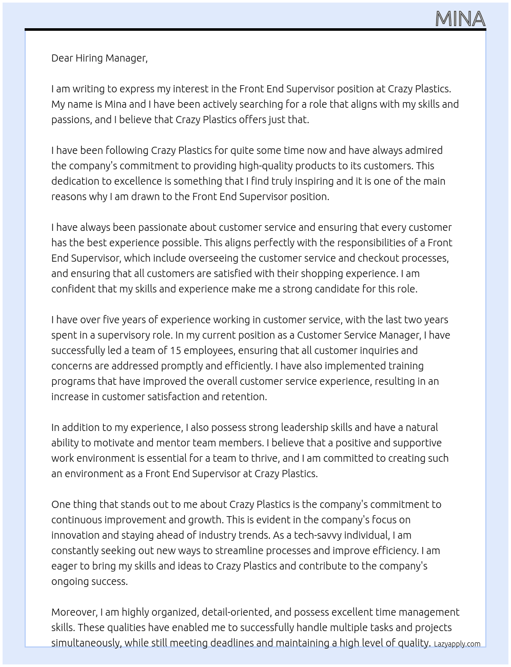 Front end supervisor  At Crazy Plastics Cover Letter
