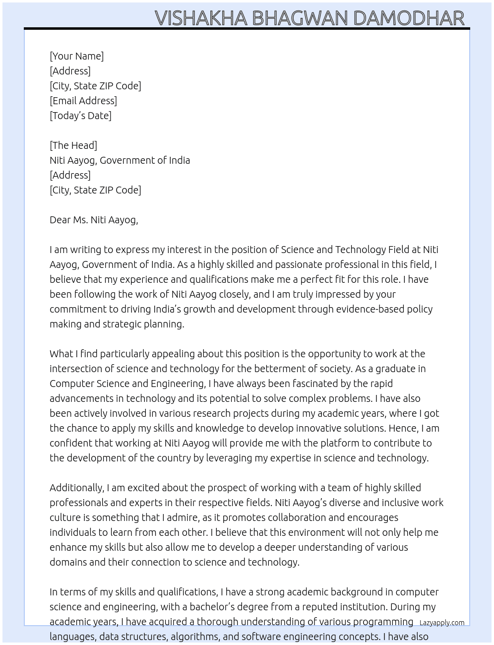 Science and technology field  At Niti Aayog, Government of India  Cover Letter