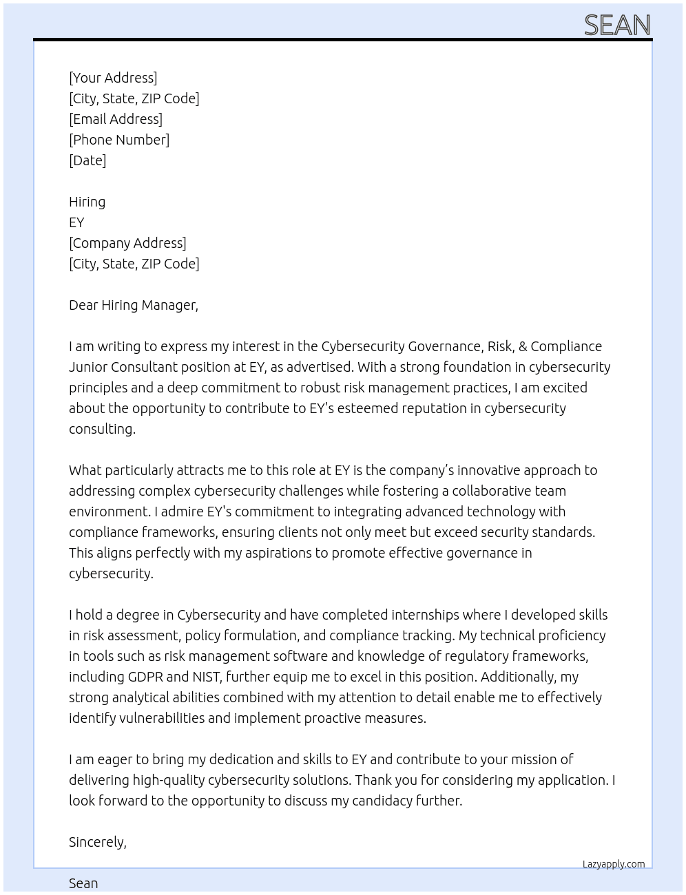 Cover letter for cybersecurity governance, risk, & compliance junior consultant - LazyApply