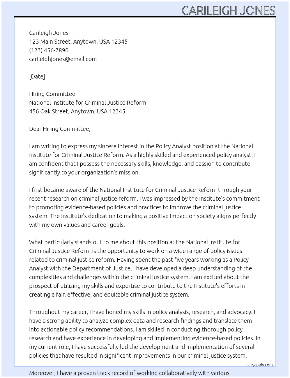 Policy Analyst At National Insitute for Criminal Justice Reform  Cover Letter